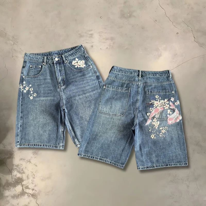 2026ss Retro Blue Wide Leg Denim Shorts High Quality Skateboard Embroidered Casual Men's Women's Shorts