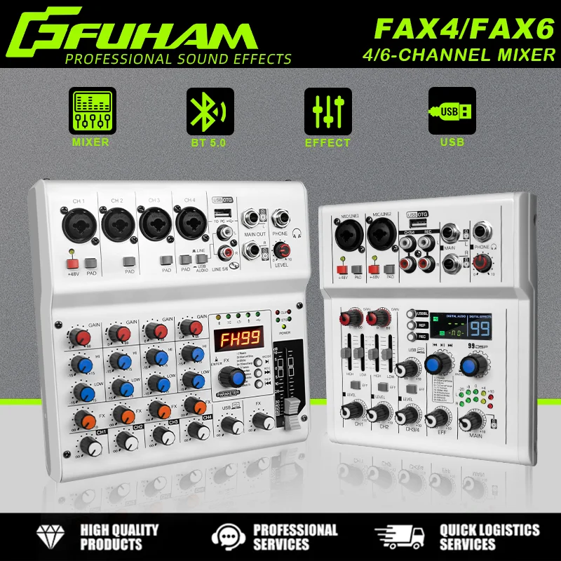 FUHAM FAX4/6 mixer 48V , support recording live 99dsp effect Bluetooth sound all-metal frequency mixer 4/6 channels