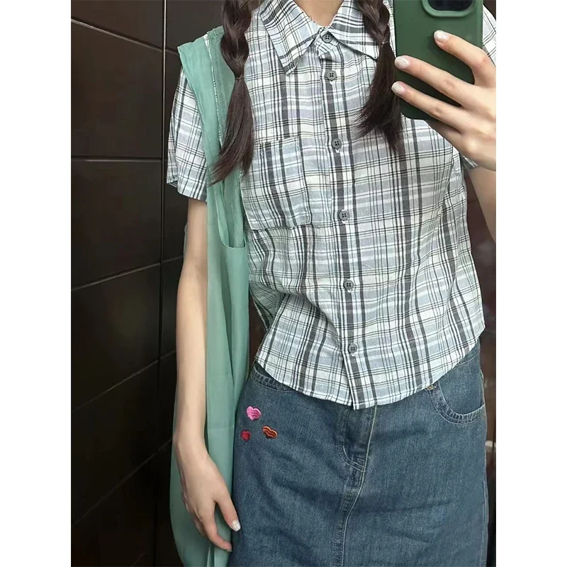 Vintage Cropped Plaid Shirts Women Y2K Japanese Pocket Short Sleeve Blouses Summer Harajuku Korean Slim All Match Chic Tops New