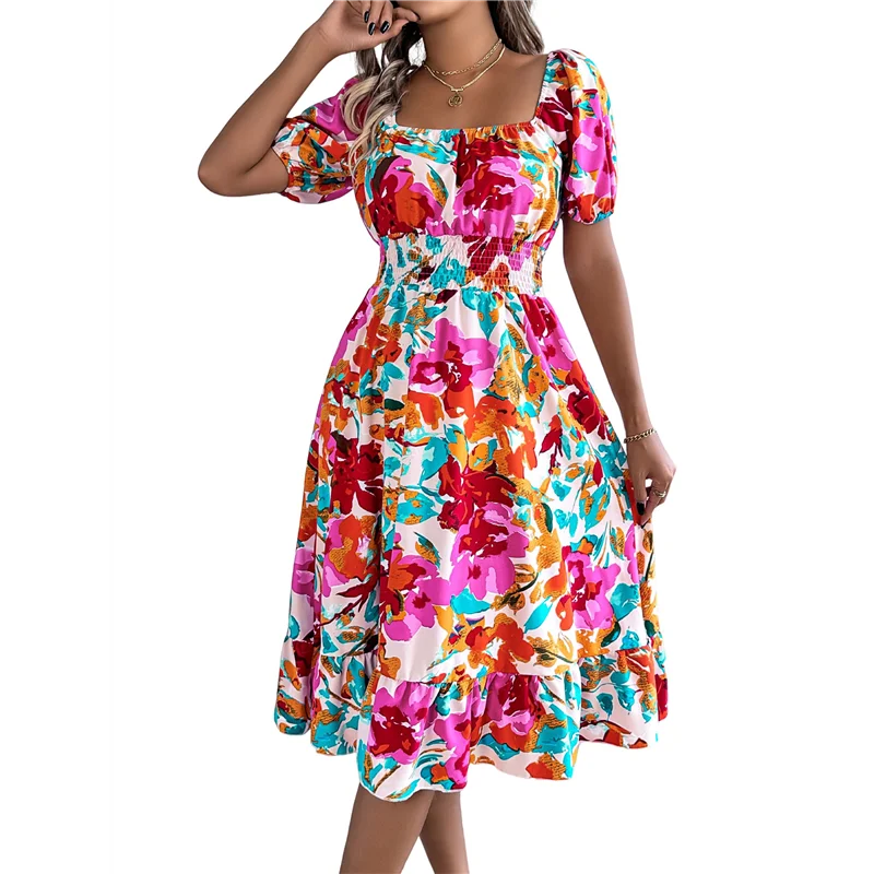 【SEE】Vestidos casuales de verano para mujer, vestido midi ahumado floral bohemio con mangas abullonadas y cuello cuadrado, primavera 2025