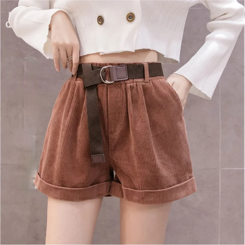 Korean Retro Elastic Waist Loose Casual Short with Belt Corduroy Rolled Wide-leg Short for Women Loose A-line Female Streetwear