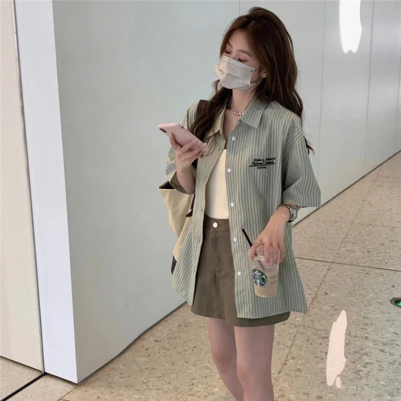 

Retro Striped ort Sve irt Loose Casual Women's Design Summer Top UV Protection Chinese Sle Collar Button Closure