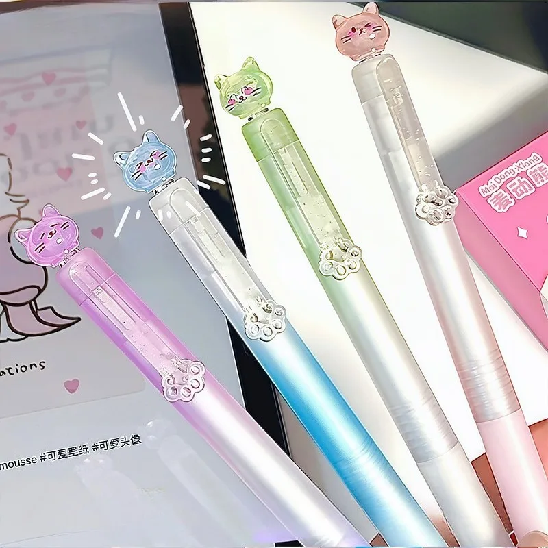 Set of 4 Gradient Cat-Themed Retractable Gel Pens, Featuring Rotating Cat Designs and Black Ink. Smooth Writing, Perfect for St