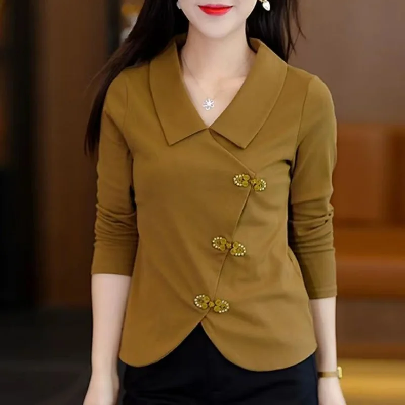 New Chinese Style Autumn New Long Sleeve T-shirt Women\'s Solid Polo Neck Irregular Button Fashion Simple Ladies Temperament Top