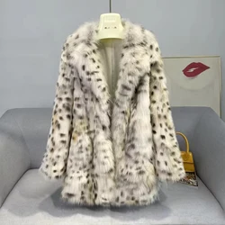 Casaco de pele com estampa leopardo feminino, gola imitação de pele de raposa, casaco quente, terno, curto, outono, inverno, tendência, novo