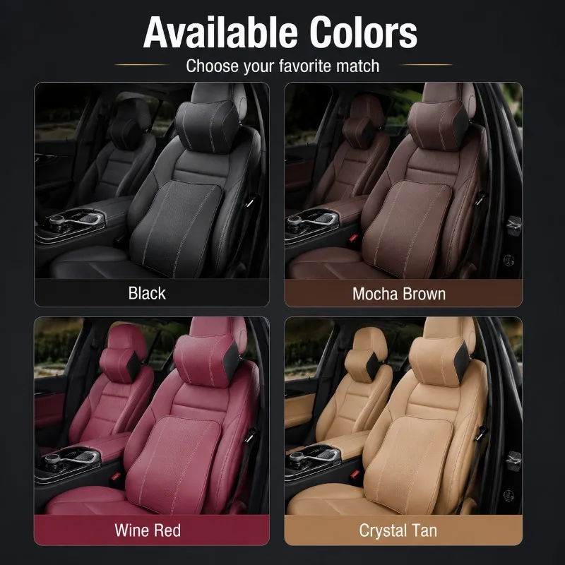 Memory Foam Car Neck Pillow Lumbar Support Cushion Genuine Leather Seat Backrest Pad for Cars SUVs Trucks