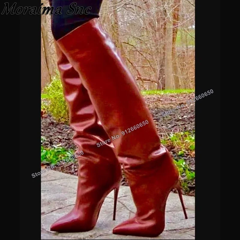

Moraima Snc Red Pointed Toe Matte Leather Boots for Women Knee High Boots Stilettos High Heels Fashion Runway Shoes on Heels