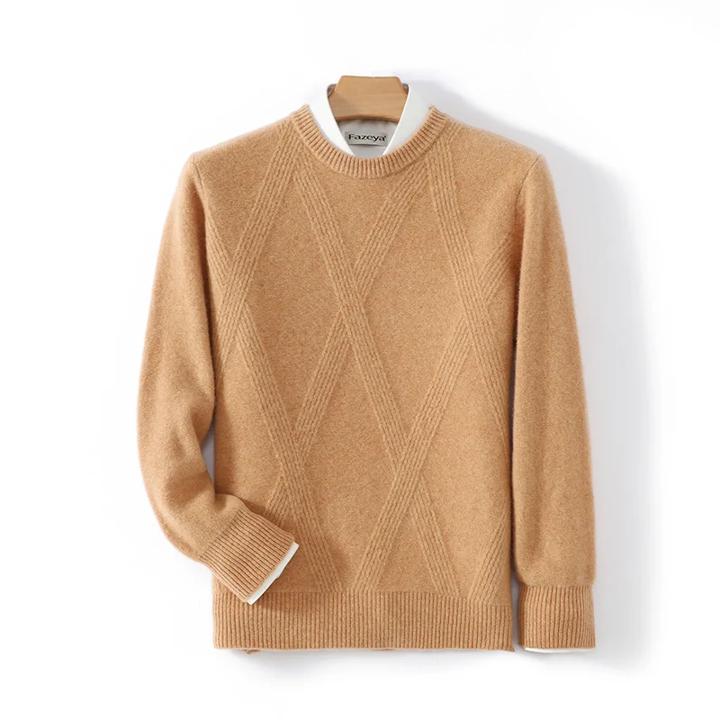 Light Diamond Knitted Pattern Men's Sweater 100% Pure Wool Round Neck Pullover Autumn Winter Thick Versatile Base Shirt Top