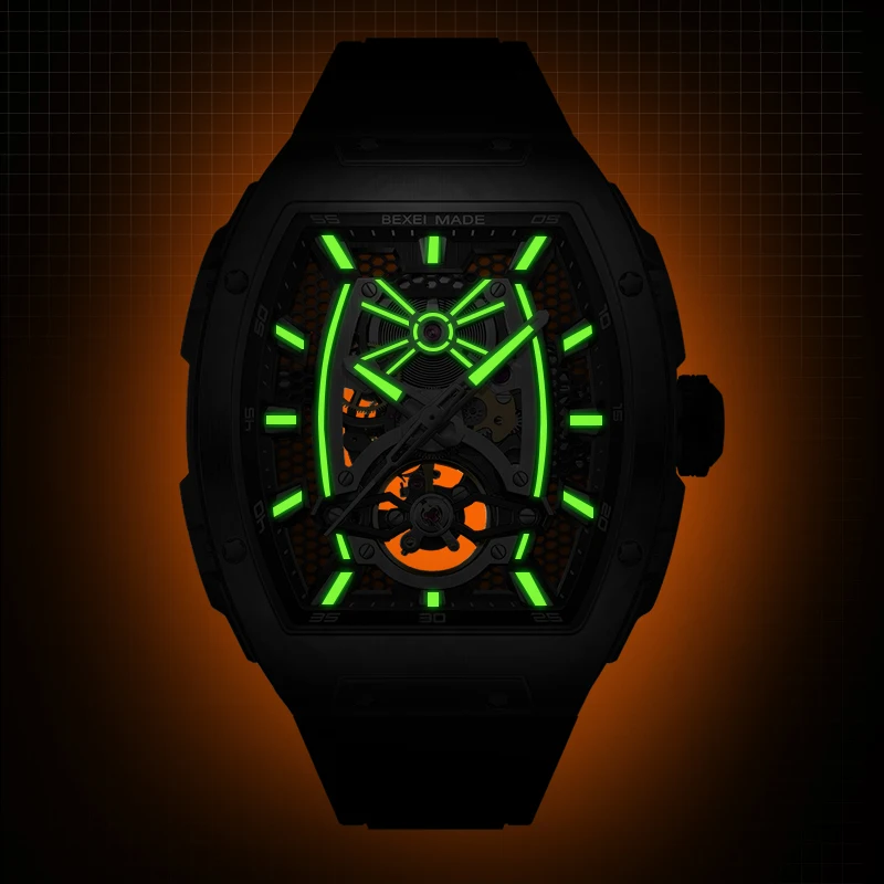 BEXEI 2025 ساعة تونيو على شكل برميل هيكل عظمي قرص حركة ميكانيكية أوتوماتيكية للرجال ساعة عمل مضيئة من الياقوت