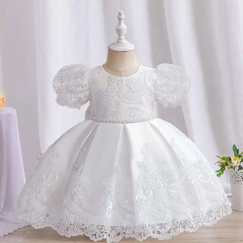 Baby Girl Birthday Princess Dress Elegant Girl Embroidery Beading Lace White Baptism Tutu Gown Kids Formal Evening Party Costume