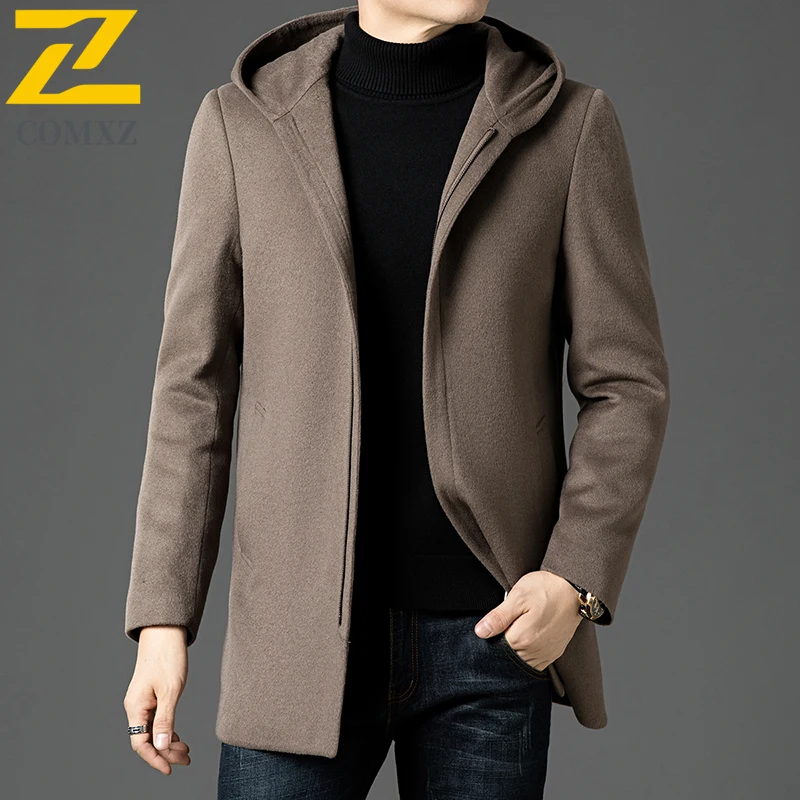 

COMXZ Men Winter long Wool Coat 2025 Designer Cashmere Trench Man White Duck Down Lining Hooded Jacket Luxury Woolen Overcoat
