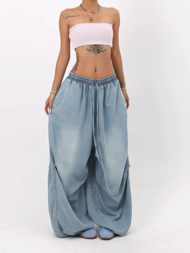 

Deeopown Blue Washed Oversized Women Jeans Elastic Waist Wide Leg American Retro Hip Hop Denim Pants Baggy Dancing Trousers