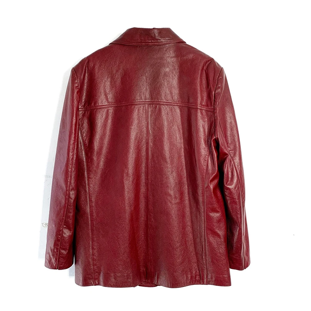 Chaqueta Retro de cuero genuino para mujer, chaqueta elegante de otoño, color rojo vino, piel de oveja encerado de alta calidad, chaqueta de traje