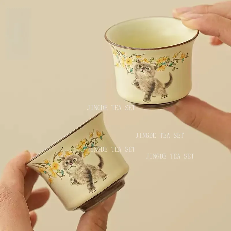 Chinese Ru Kiln Ceramic Teacup Travel Meditation Cup Handmade Cute Cat Pattern Tea Bowl Personal Pu'er Master Cup Tea Set 40ml