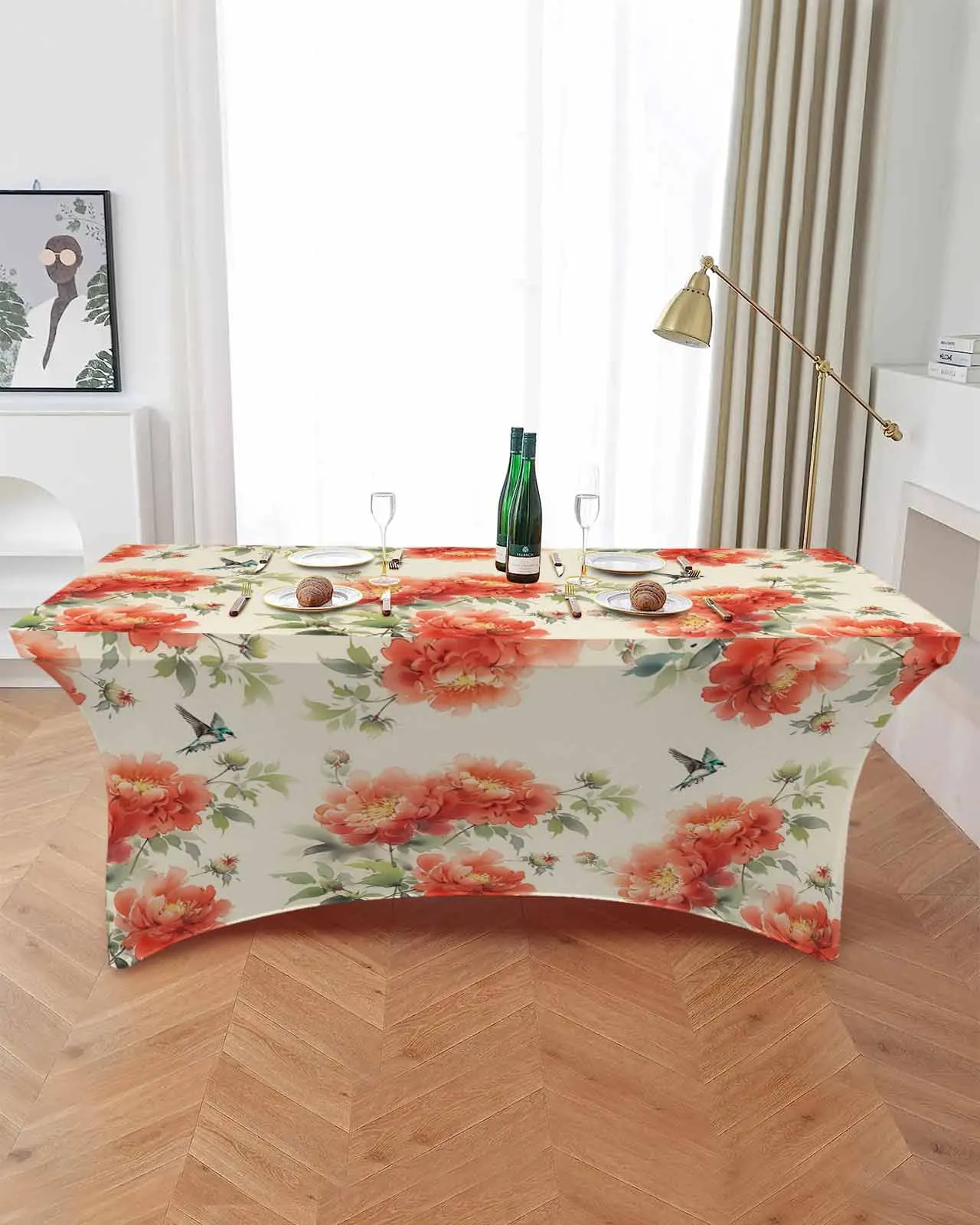 Flowers Chrysanthemums Birds  Elastic Table Skirt Wedding Birthday Table Decoration Table Skirt Tablecloth for Party