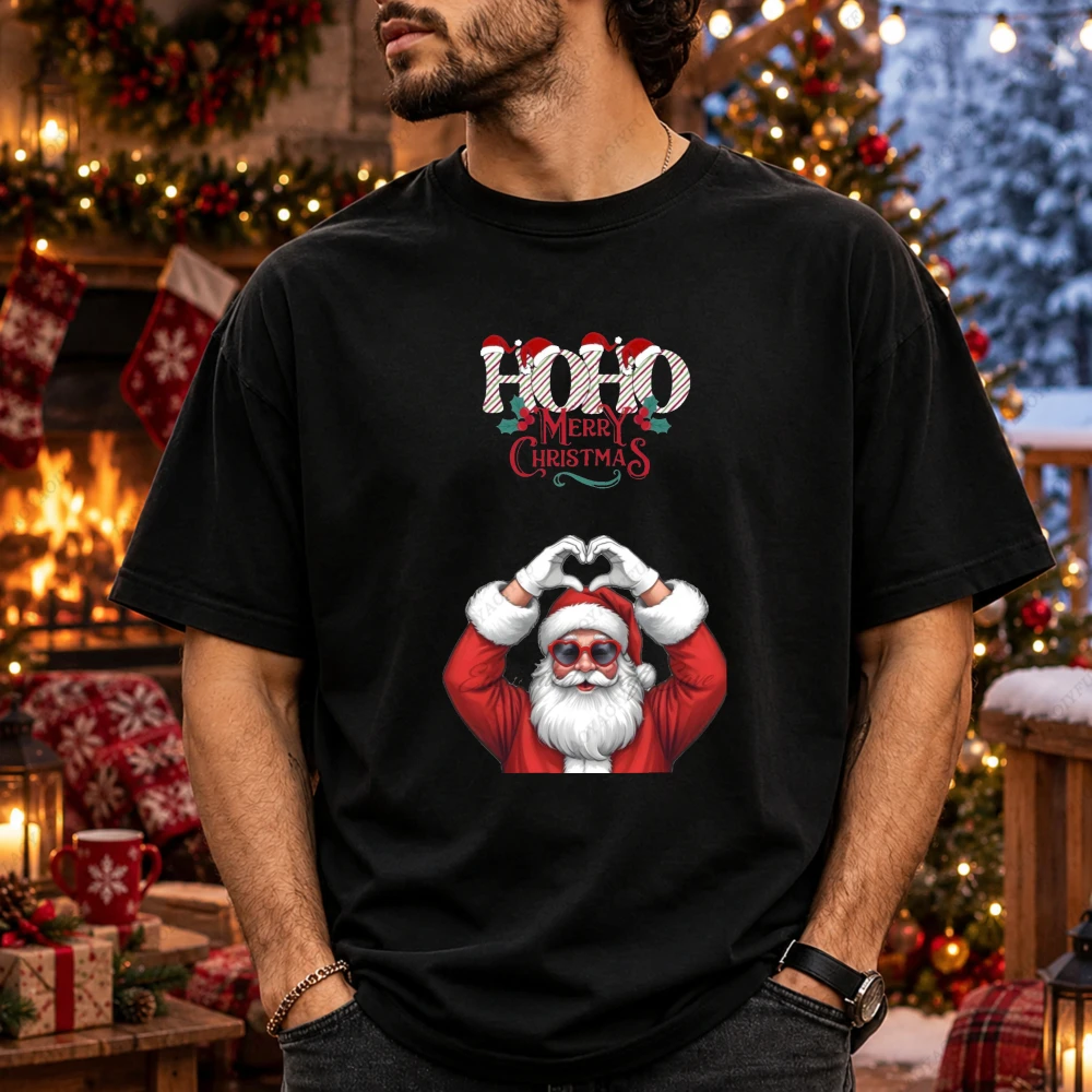 Ho Ho Merry Christmas Heart Hands Santa Sunglasses T-Shirt Xmas Holiday Winter Cool Funny Festive Graphic Gift Tee Men Women