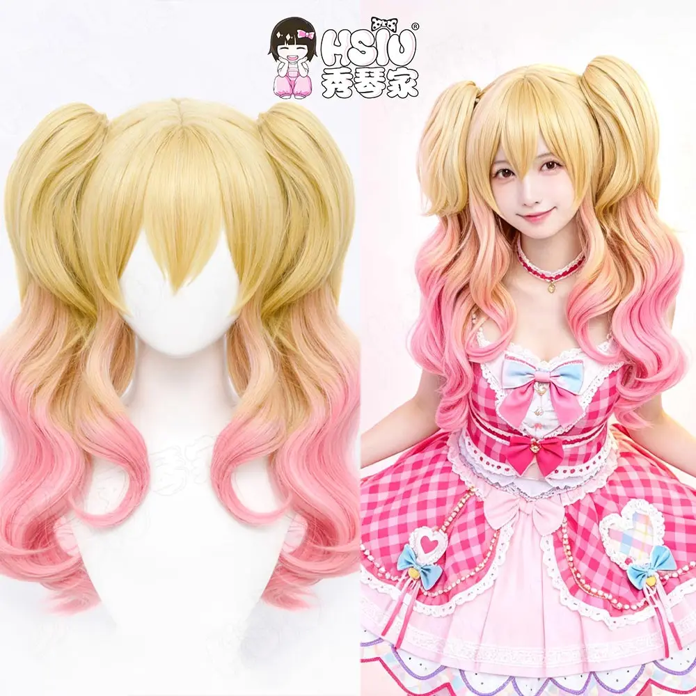 HSIU Game Aikatsu Stars Nijino Yume Cosplay Wig 55Cm Blonde Mixed Pink Short Heat Resistant Synthetic Hair Wig With Free Wig Cap