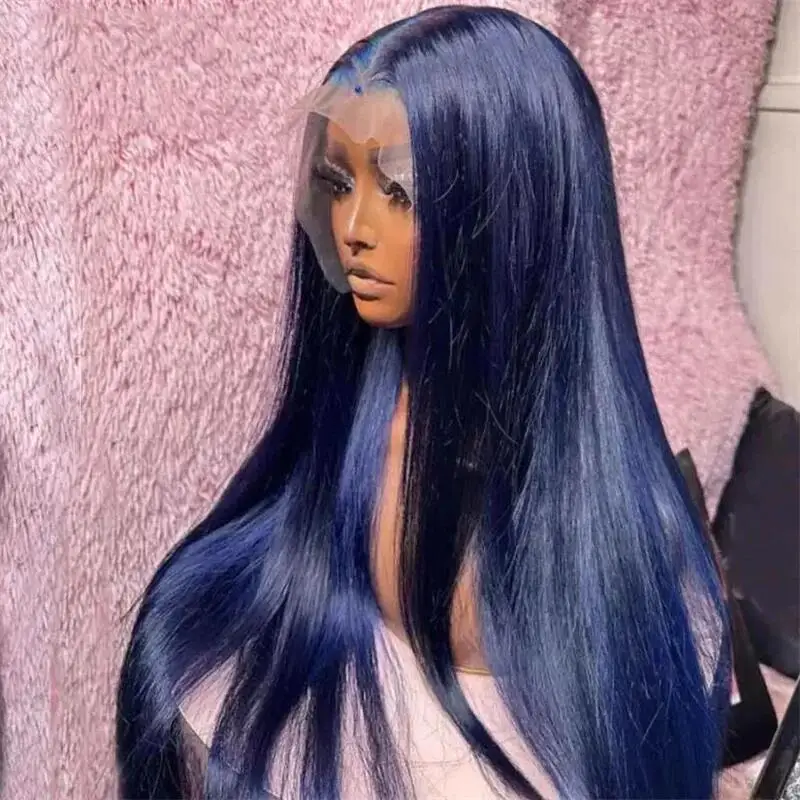 Wig Cosplay warna biru panjang 26 inci, Wig Cosplay harian suhu panas rambut bayi renda depan lurus halus tanpa lem kepadatan 180