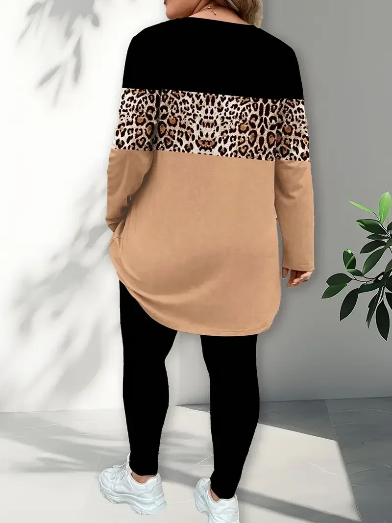 Plus Size 1XL-5XL Women Fashion Leopard Print Two Piece Set Outfit Ladies Casual Long Sleeve Contrast Color Tops and Pants
