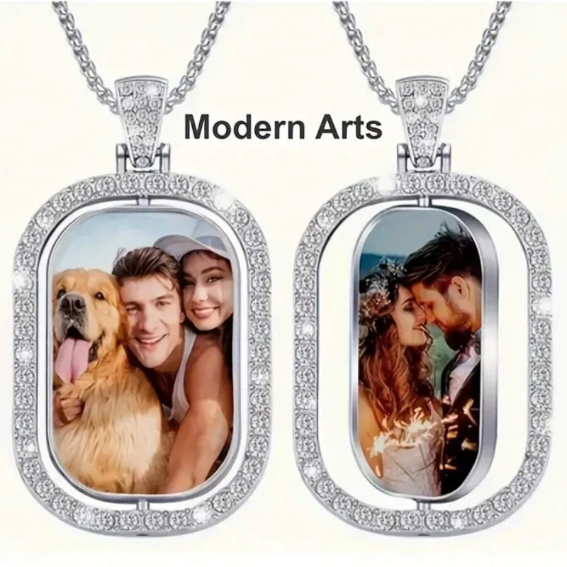 Personalised Double-Sided Photo Pendant Necklace, Double-Sided DIY Customisable Pictures, Paired with a Hip-Hop Style Necklace