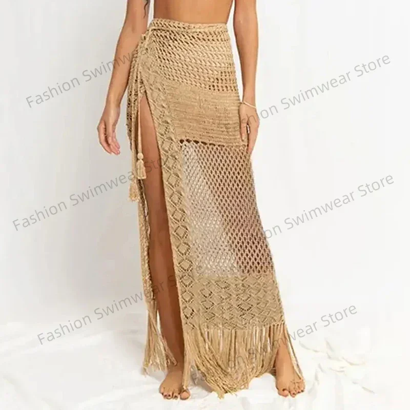 Beach Cover Up Women Sexy Solid Beach Dress Knitted Hollow Out Swimwear Tassel Beachwear Summer Drawstring Bathing Suit