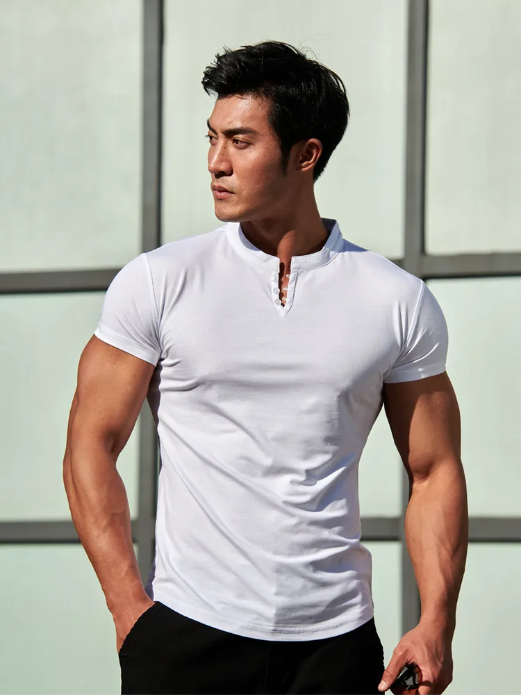 

k Prison Men's Spor ort Sve T-irt Qui Dry Slim Fit White Summer Trendy Fitn Clothing V-ne Color