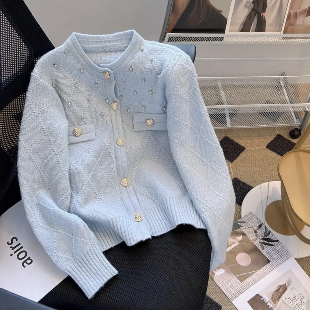 

Women's Tweed Style High-End French Rhombus Knitted Cardigan Top Spring Autumn K-Style Soft Waxy Hair Gentle Version
