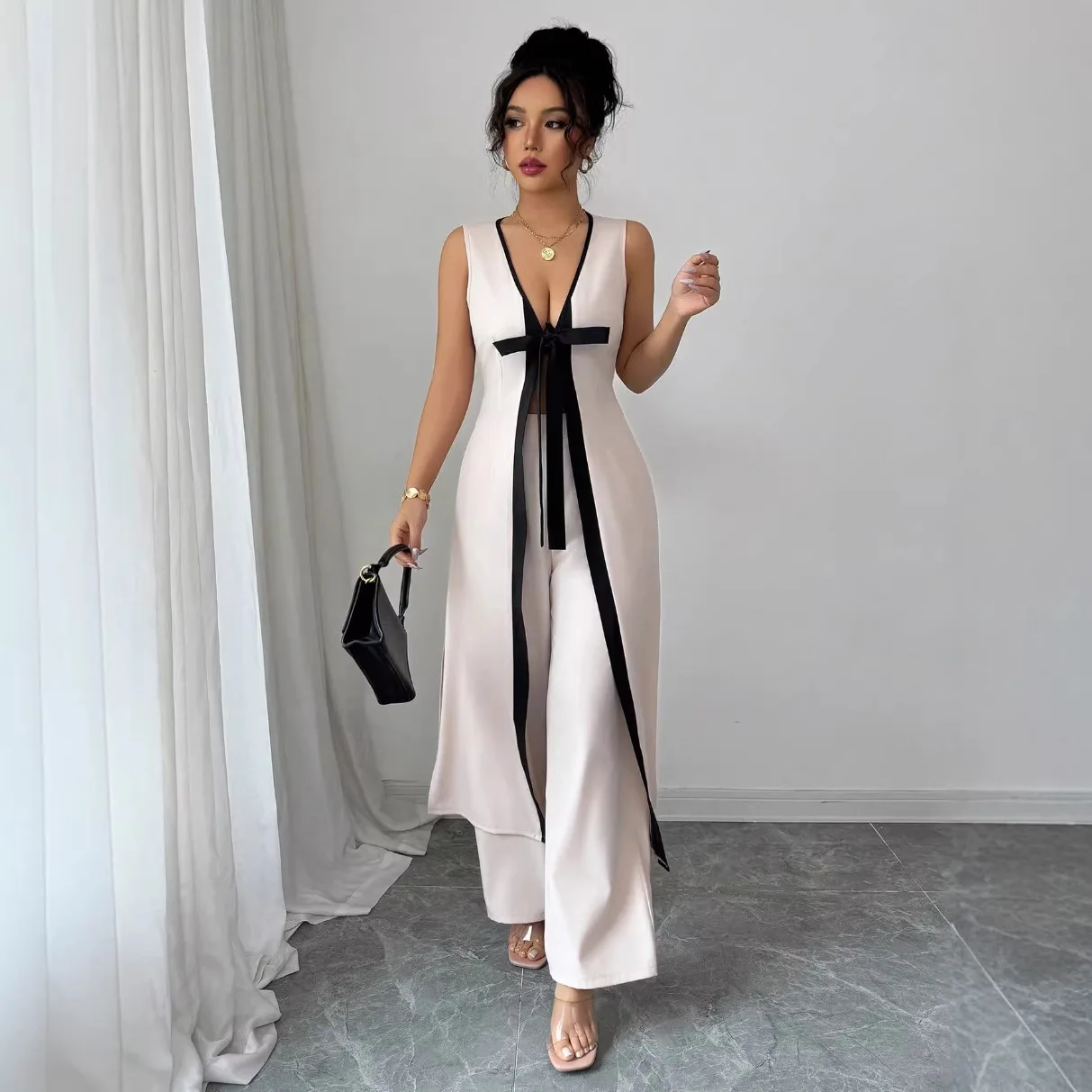 Fashionable Women's Two-piece Set With Contrasting Color Bow Decoration, Sleeveless Long Tank Top Dress And Wide-leg Pants