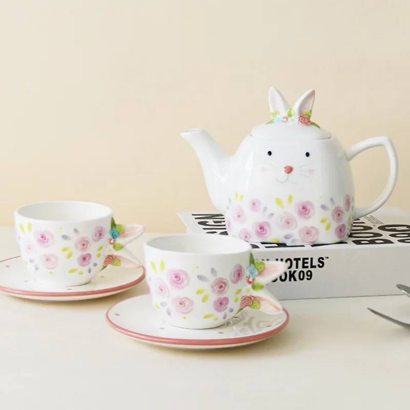 

Ceramic Easter Bunny Teapot Water Pitcher Large Coffee Pot Cup Saucer Tea Cup Water Kettle Relief Rabbit Drinkware Jug Kitchen