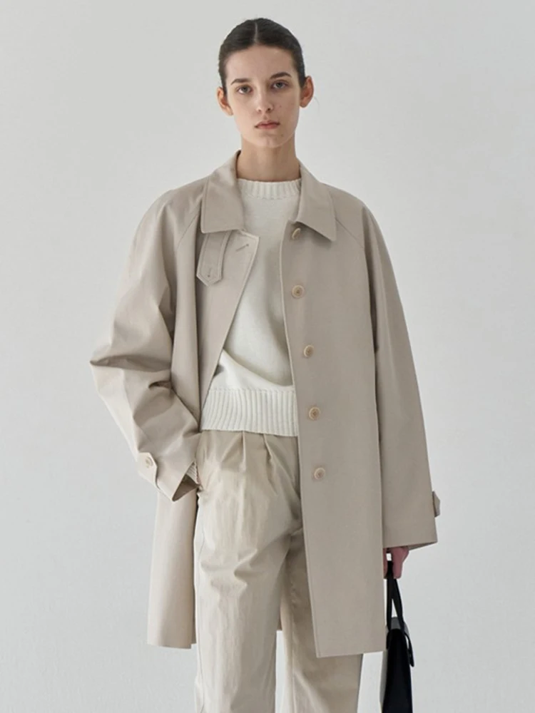 

Lerobe Women's Windbreaker Coat Spring 2026 Loose Fit Simple Collar Mid-Length Pure Color Jacket Korean Style Organic Cotton