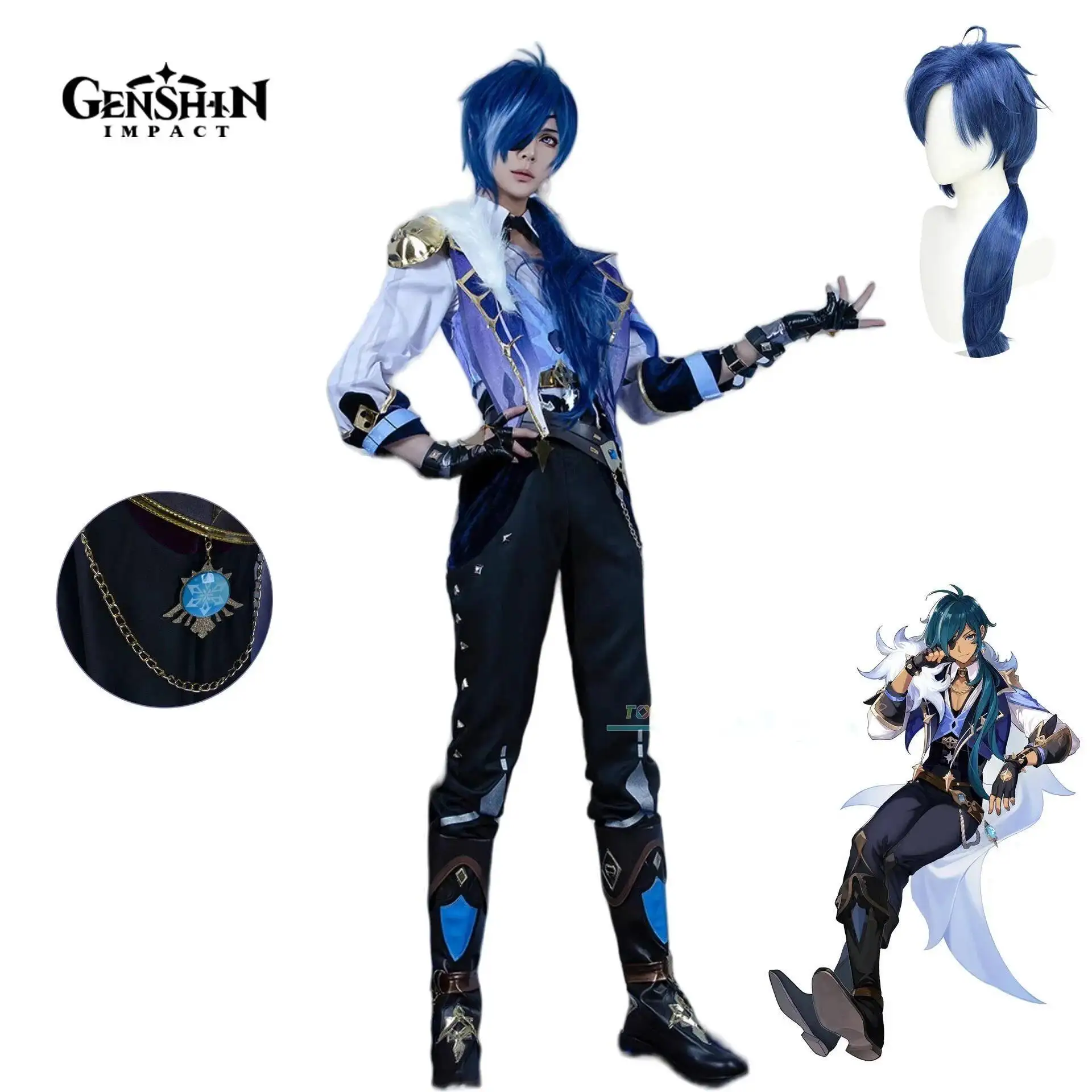 Kaeya-Juego de Cosplay Genshinimpact Kaeya Alberich, disfraz de Cosplay, peluca, zapatos, conjunto completo de Anime Knightage, disfraz de fiesta de Halloween