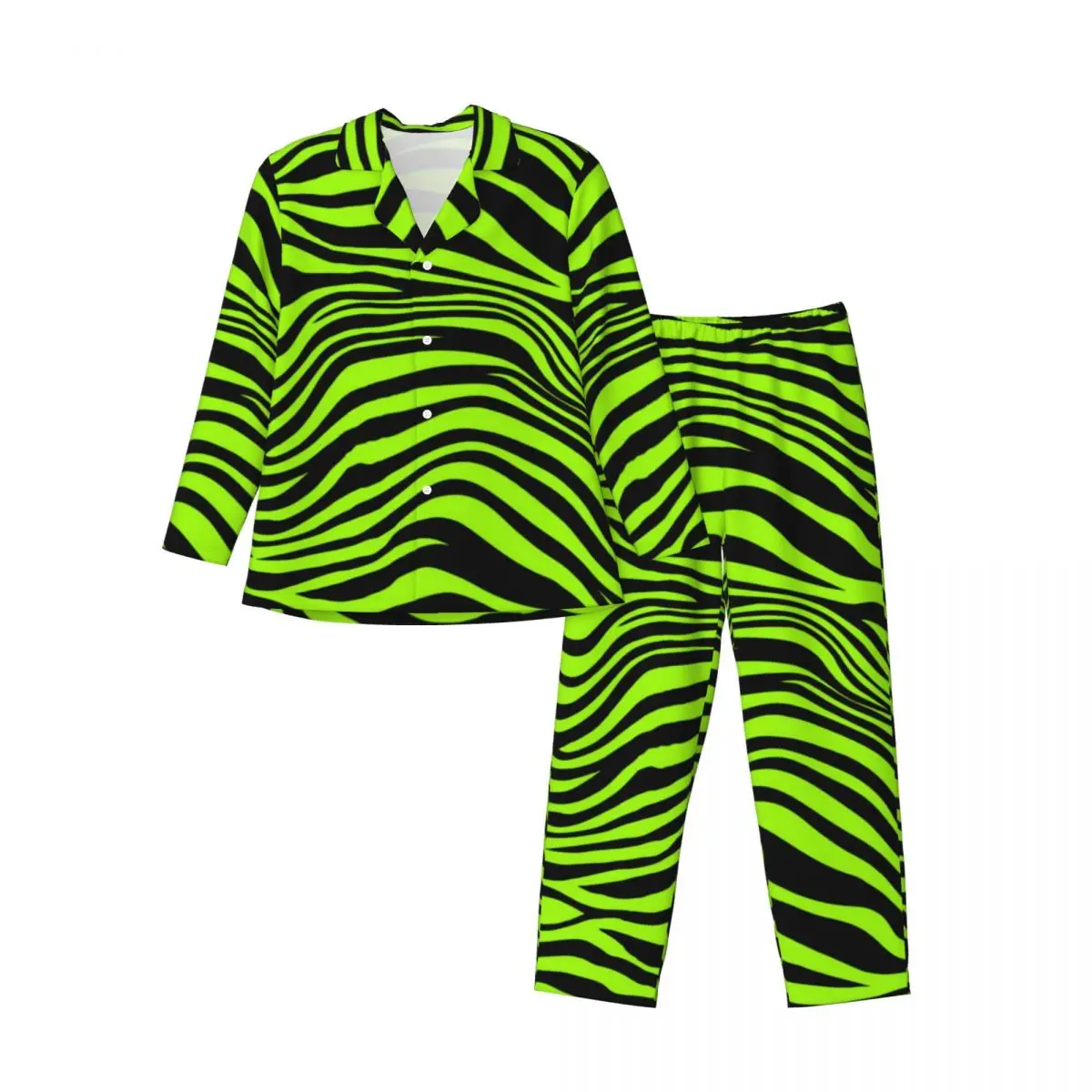 Groene Tijgerlijnen Pyjama Sets Herfst Dierenprint Schattig Zacht Vrije tijd Nachtkleding Heren 2-delig Casual Oversized Nachtkleding Cadeau-idee