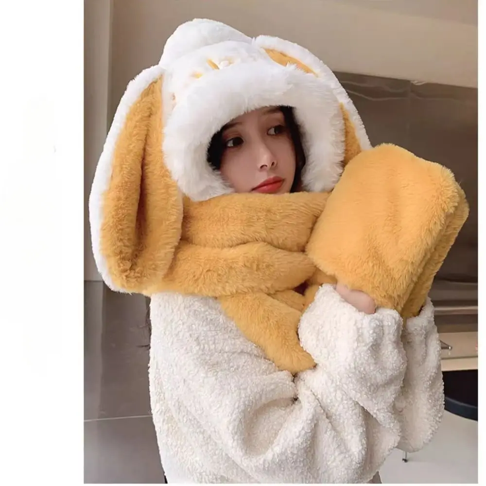 Carino sciarpa con cappuccio 3 in 1 tenere al caldo addensare sciarpa di peluche cappello guanti set protezione per le orecchie cappello invernale antivento all'aperto
