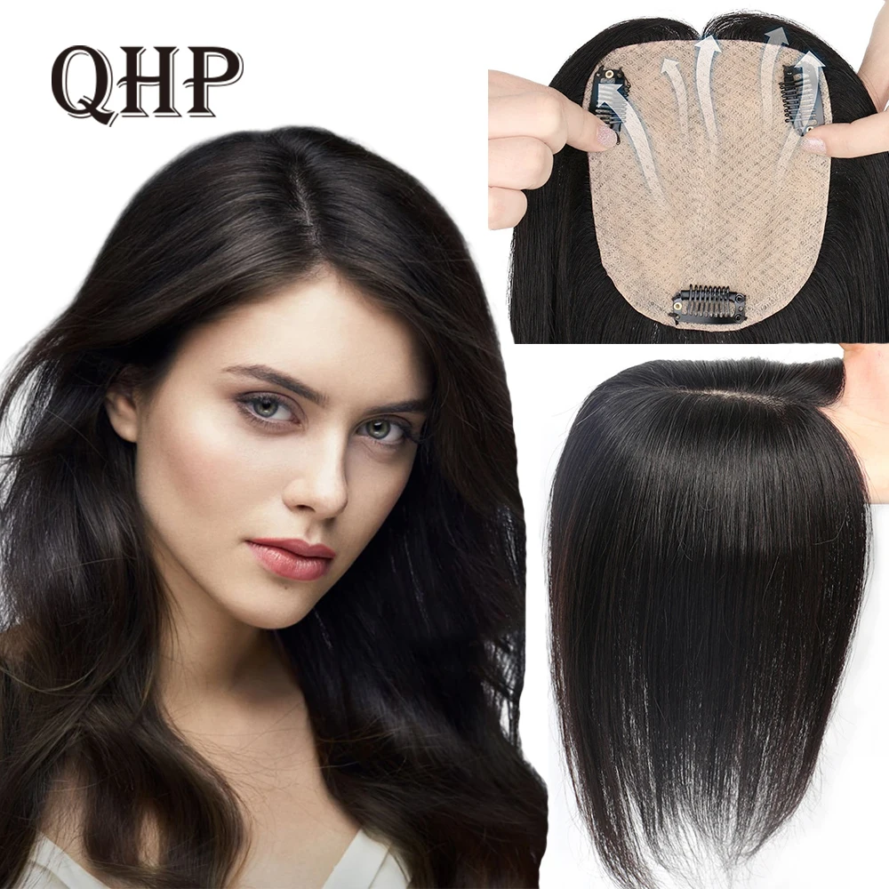 Silk Base Hair Toppers Natural 100% Brazilian Human Hair Topper Wigs For Women Straight Hair Piece With Clips In Natural Color