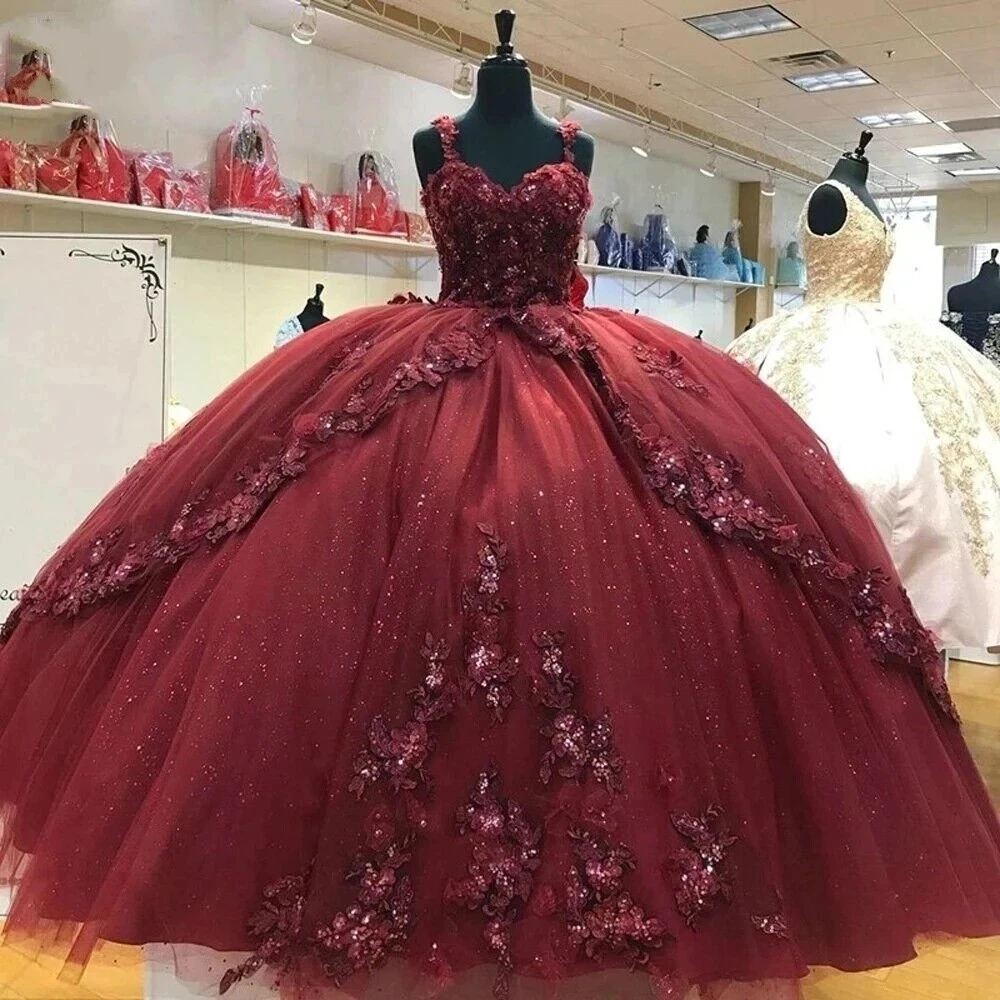 Burgundy Glitter Tulle Ball Gown Quinceanera Dresses Spaghetti Straps Appliques Vestidos De Baile Dress Girls Prom Pageant Gown