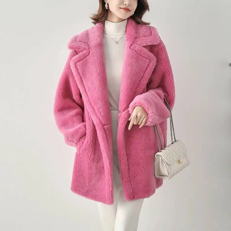 Women Lamb Woolen Coat Autumn Winter Fleece Outerwear Luxury Thick Warm Sheepskin Fur Coat Medium-Length Loose Female Overcoat