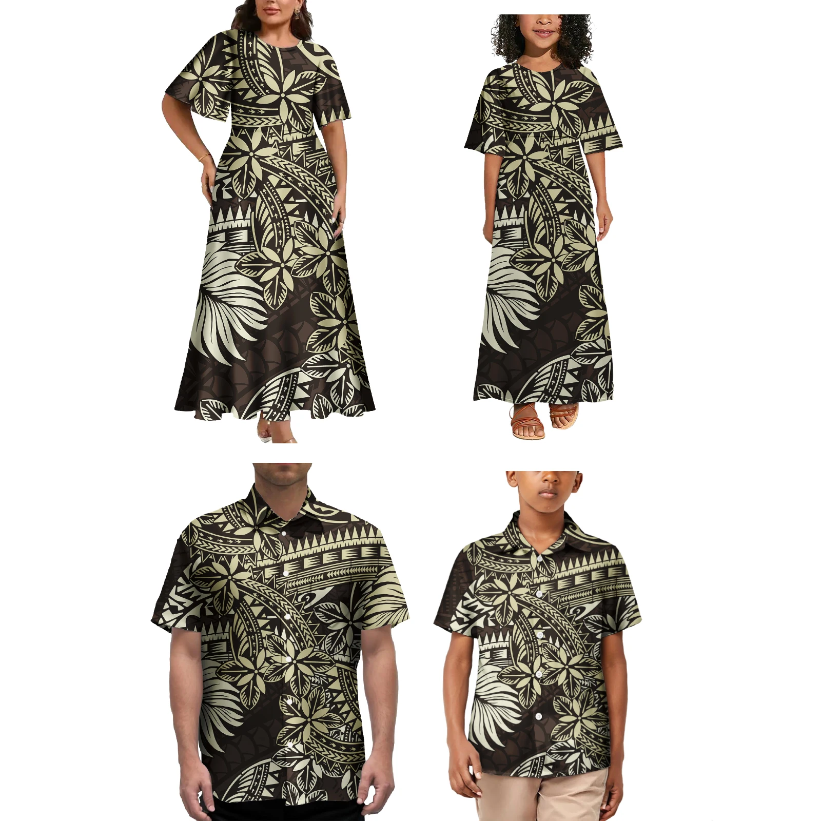 Samoan Art Print Style Holiday Party Family Set Women'S Floor-Length Dress Men'S Shirt Children'S Adult Clothing