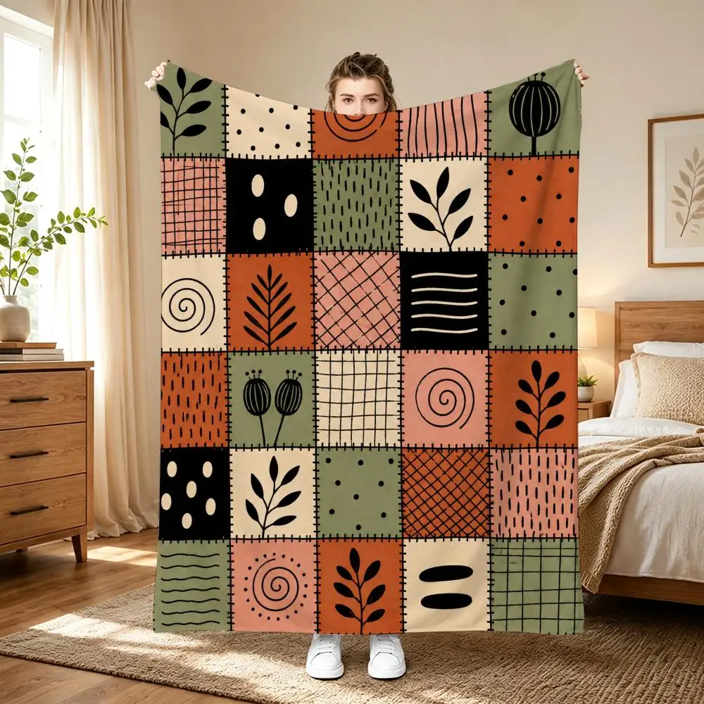 Cute Fun Folk Patchwork Art Throw 240g flannel blanket, suitable for sofas, beds, offices, exquisite gift blankets