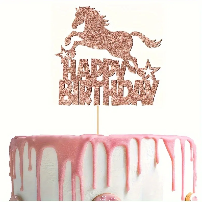 Roségoldenes Pferd „Happy Birthday“-Kuchenaufsatz – glitzernde roségoldene Pferdekoration für die Geburtstagsfeier, Reitsport-Thema – Detail 5