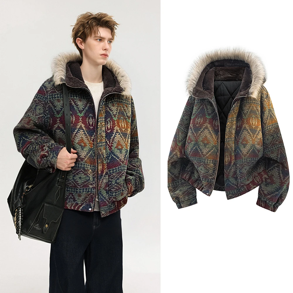 

Зимняя мужская модная тенденция в стиле ретро в этническом стиле, цветное тканое пальто с капюшоном, уличная утолщенная теплая ветрозащитная куртка, мужская одежда