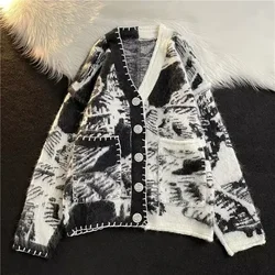 Man Clothes Black Y2k Vintage Tie Dye Knitted Sweaters for Men Cardigan V Neck Aesthetic with Pockets Maletry A Winter 2024 Fun