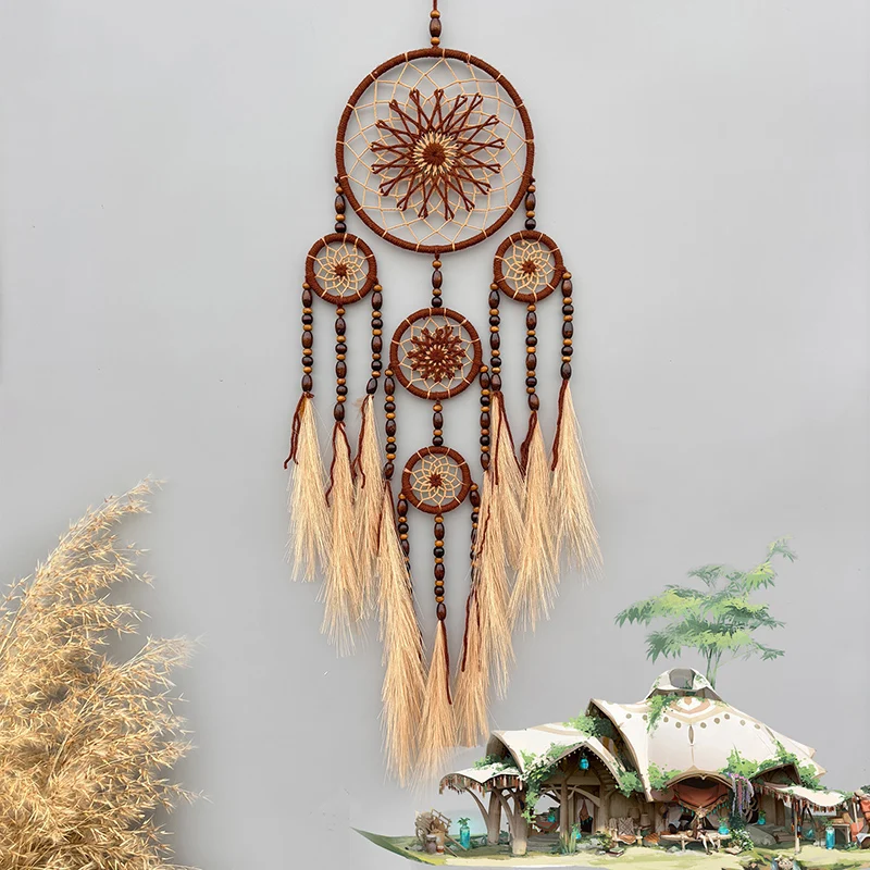 Atrapasueños bohemio tejido a mano, carillón de viento de hierba Pampas, colgante de pared para dormitorio, regalos festivos de cumpleaños, accesorios para el hogar, manualidades
