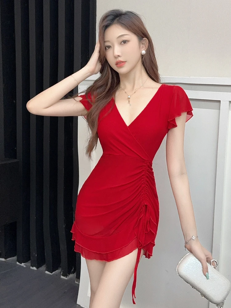 

Sexy V-ne ort Me Dr with Dstring Waist-hing Base Skirt for Young Women Summer ort Sve Pure Color H-pe