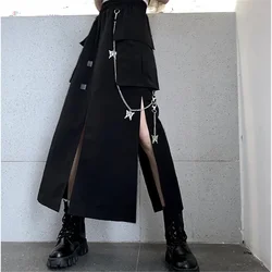 2023 New Spring Autumn Women Skirt Fashion Korean Style Black Long Skirts with Chain Side Slit Hip Hop Streetwear Plus Size