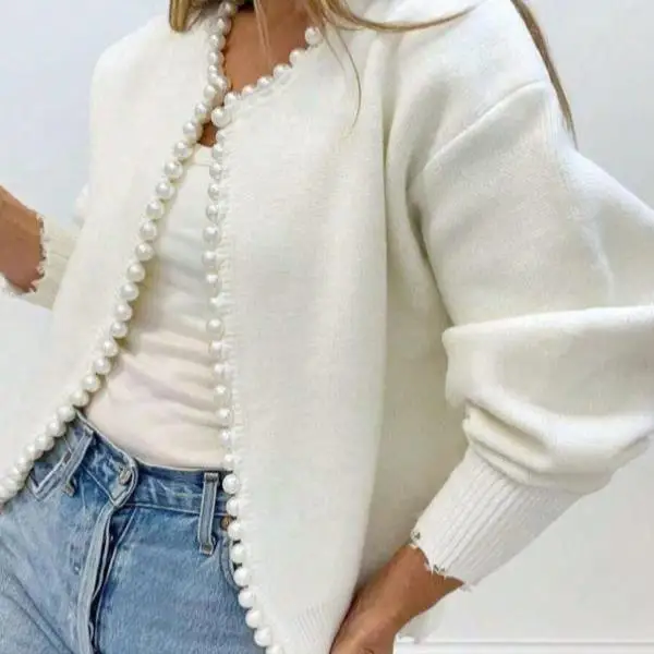 

2025 New Women's Pure Color Pearl Decorated oulder-Drop Open Cardigan Casual Knitted Sweater Ciwalk Collar Nine Sve