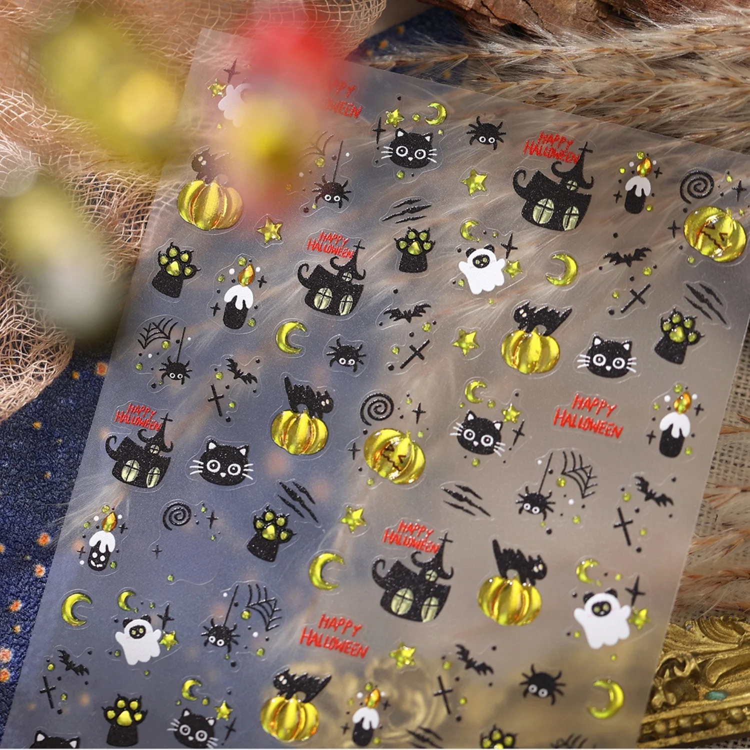 Schwarz-Gold Halloween Schloss Kürbis Katze Geist Spinnennetz Halbmond Vintage Dunkel Luxus 5D Nagelkunst-Aufkleber Selbstklebende Abziehbilder