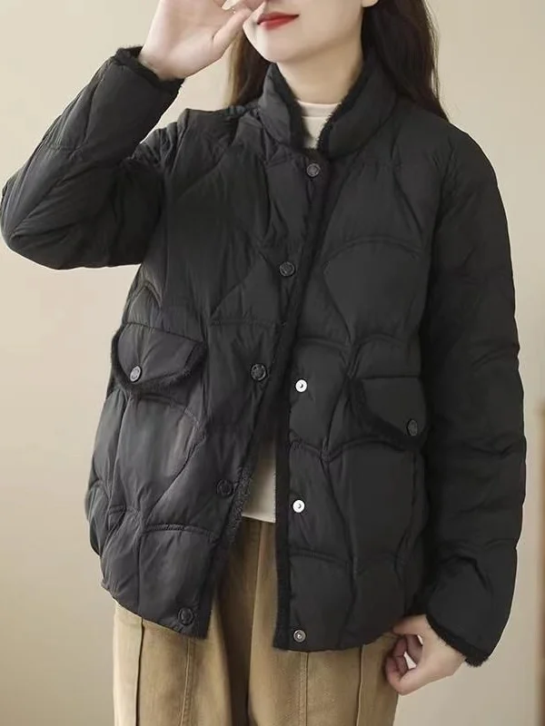 

Daily Commute Lightweight ort down Cotton Jaet Pure Color Loose Fit Long Sve Single Button Closure Coat for Women