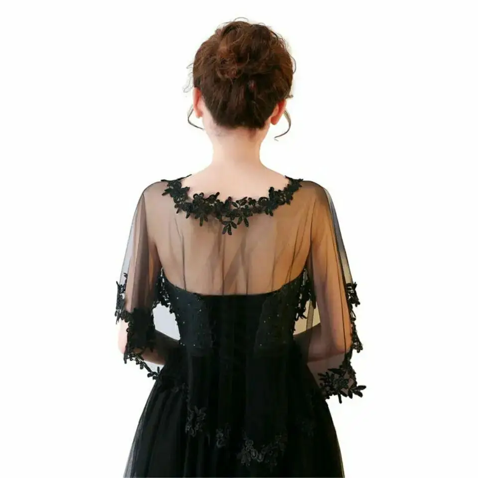 O-Neck Lace Short Sleeve Bridal Wedding Elegant Women Cape Summer Black Applique Tulle Evening Prom Cape Cosplay Shawl