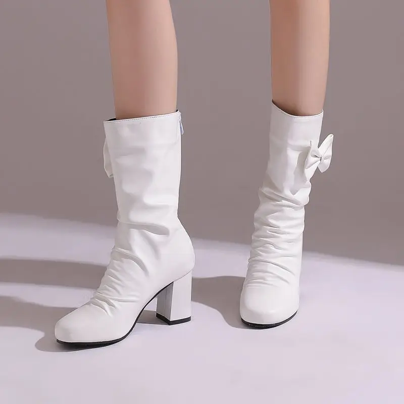 

Girseaby Design Женские сапоги до середины икры с круглым носком на массивном каблуке и застежке-молнии с бантом, большой размер 46 47 48, модные женские ботильоны для свиданий