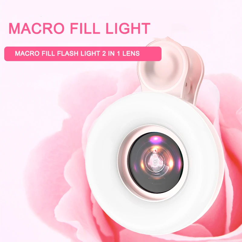 Mobile Phone 2-in-1 HD Camera Lens Mobile Phone Lens 15x Macro Lens Smartphone Selfie Live Light Fill Light with LED Ring Flash